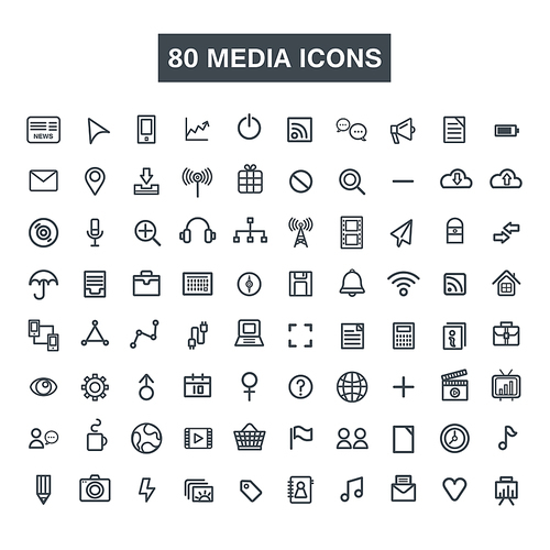 80 media icons collections set in thin line style