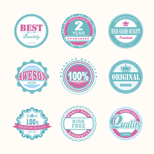 Collection of Premium Quality and Guarantee Labels retro vintage style design. 100% Premium Quality Guarantee vector sign set.