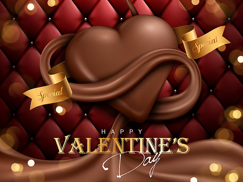 valentine day chocolate ad, dark red sofa background, 3d illustration