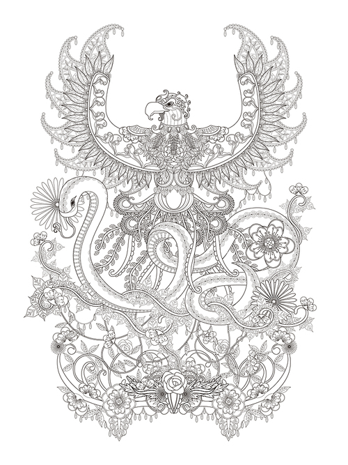 Gorgeous adult coloring page, eagle spread it's wings with snake hiss, decorative floral elements around them.