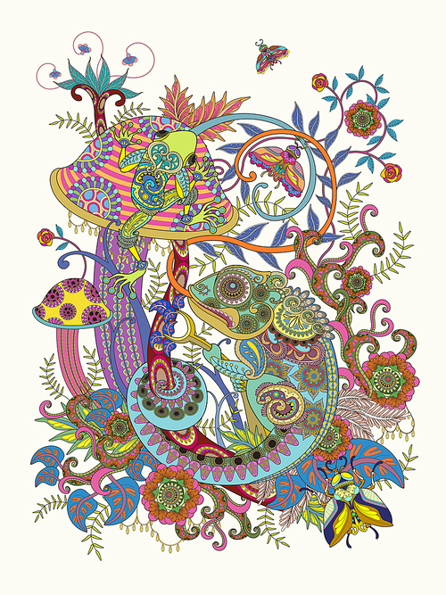 Gorgeous adult coloring page, frog and chameleon on colorful mushroom, decorative floral elements around them.