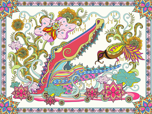 Fantastic adult coloring page, pink crocodile and bird, decorative floral elements around them.