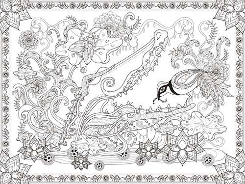 Fantastic adult coloring page, crocodile and bird, decorative floral elements around them. Anti-stress pattern for coloring.