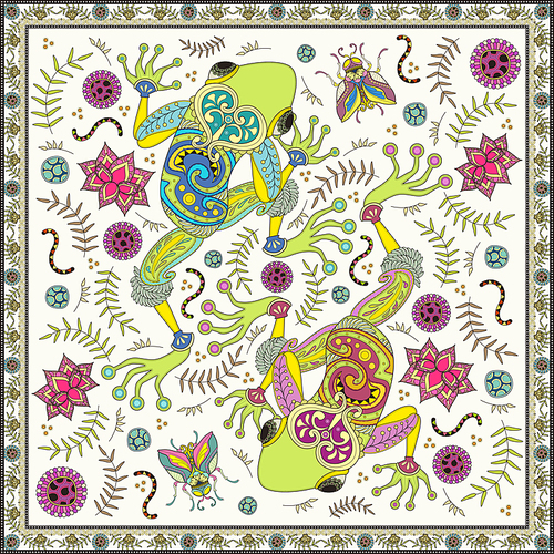 Fantastic adult coloring page, top view of two frogs, decorative floral elements around them.