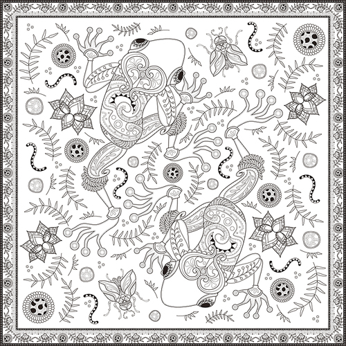 Fantastic adult coloring page, top view of two frogs, decorative floral elements around them. Anti-stress pattern for coloring.