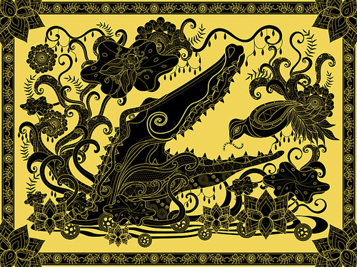 Fantastic adult coloring page, crocodile and bird, decorative floral elements around them. Golden and black tone.