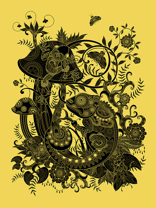 Gorgeous adult coloring page, frog and chameleon on mushroom, decorative floral elements around them. Golden and black tone.