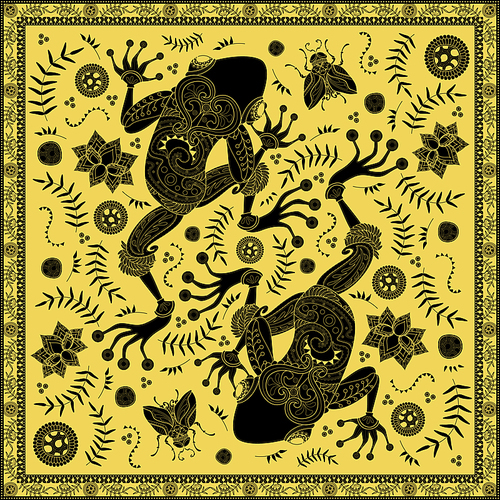 Fantastic adult coloring page, top view of two frogs, decorative floral elements around them. Golden and black tone.