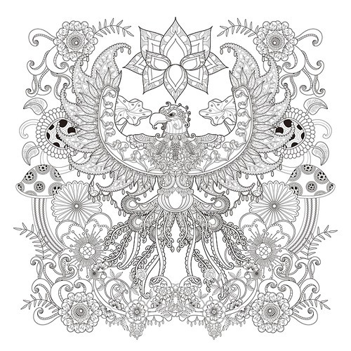 Majestic eagle adult coloring page, open wings eagle with floral elements decoration, stress relief page for coloring