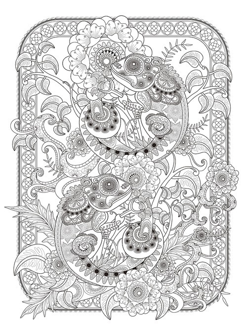 Chameleon adult coloring page, lovely chameleon buddies on plants, stress relief page for coloring