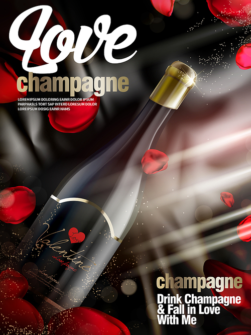 champagne contained in wine bottle with petal flower elements, valentine's day limited special, 3d illustration