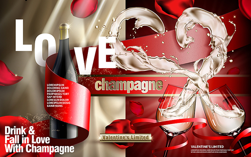 champagne contained in wine bottle and wine glass, valentine's day limited special, 3d illustration