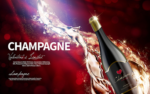 champagne contained in wine bottle with red flannel background, valentine's day limited special, 3d illustration
