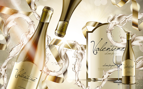 champagne contained in wine bottles with golden light and silver ribbons, valentine's day limited special, 3d illustration