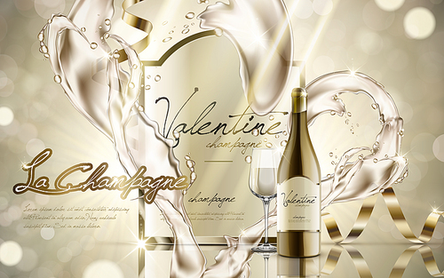 champagne contained in wine bottles with golden light, valentine's day limited special, 3d illustration