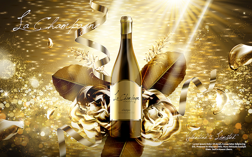 champagne contained in wine bottle with golden leaf and flower, valentine's day limited special, golden blurred background, 3d illustration