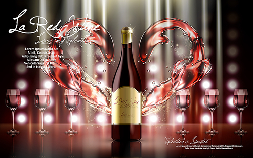 champagne contained in wine bottle, valentine's day limited special, stage light and heart shaped flow, 3d illustration