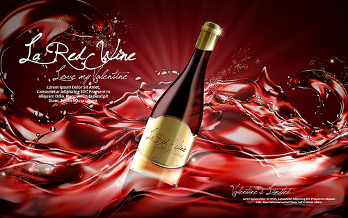 champagne contained in wine bottle with red wine flow background, valentine's day limited special, 3d illustration