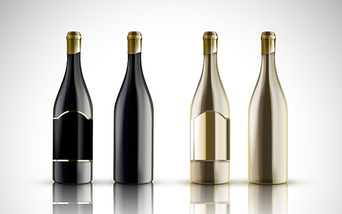 four wine bottles, two black bottles on the left and two silver on the right, isolated white , 3d illustration