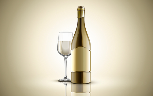 champagne glass and wine bottle, isolated light gold background, 3d illustration