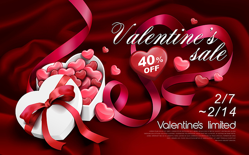 valentine's day sale with heart shaped box and red ribbons, red flannel background, 3d illustration