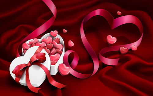 red flannel texture, with heart shaped box and red ribbons, 3d illustration