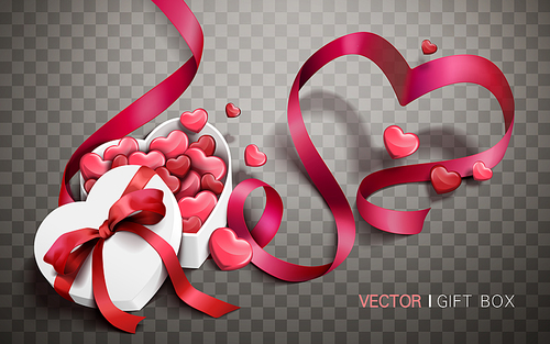heart shaped box and red ribbons, isolated transparent background, 3d illustration