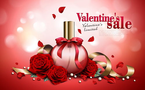 charming aroma perfume ad, contained in round pink bottles, valentine's day special red background, 3d illustration