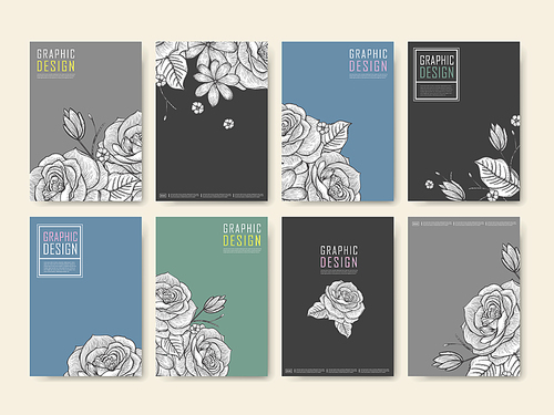 graceful poster template design set with exquisite hand drawn flower elements
