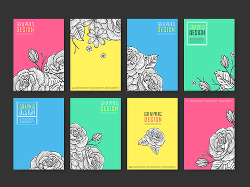 graceful poster template design set with exquisite hand drawn flower elements