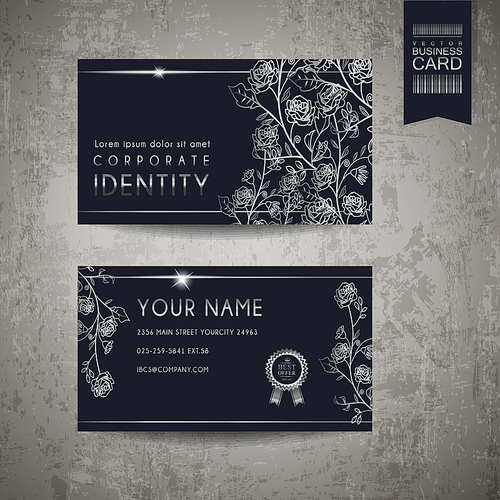 elegant business card design template with exquisite silver floral elements