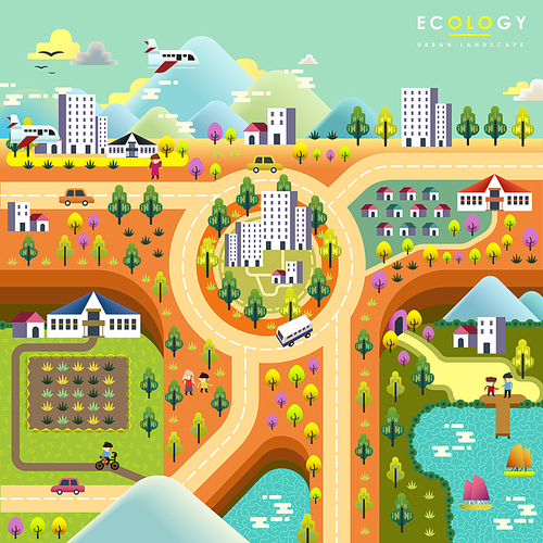 Lovely ecology flat design with colorful town scenery