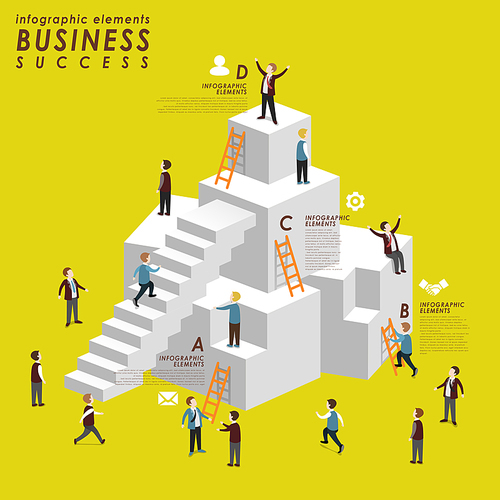 Business success concept with people climbing up to stairs in 3d isometric flat style