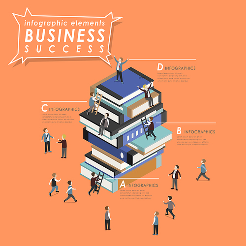 Business success concept with people climbing up to books in 3d isometric flat style