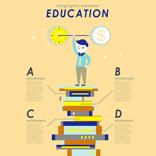 Education concept flat design with a student stands on piles of book