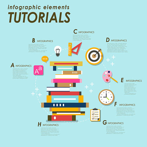 Tutorials concept flat design with books and stationery