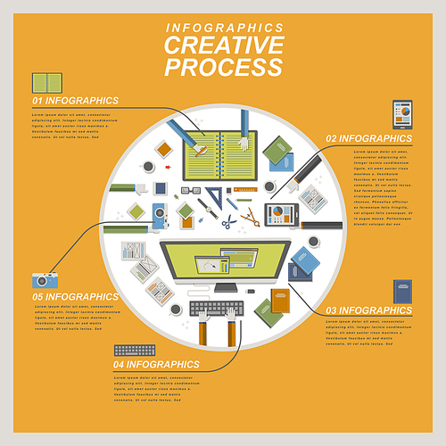 Creative process concept flat design with top view of workplace