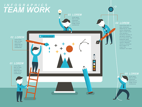 Teamwork concept flat design with people drawing together