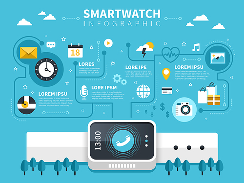 Smart watch concept flat design with device and apps