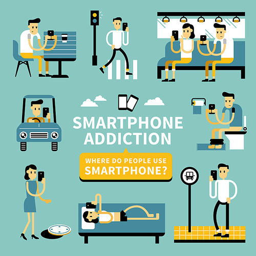 Smart phone addiction phenomenon in flat design