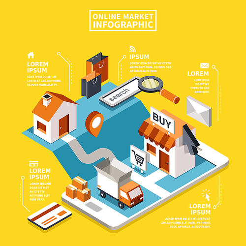 Online market concept 3d isometric flat design with device and online store