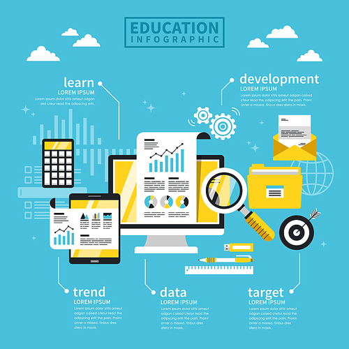 Education concept flat design with laptop and stationery