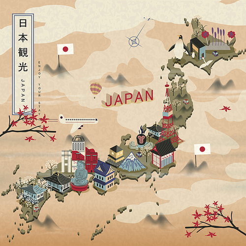 elegant Japan travel map - Japan travel in Japanese words on upper left