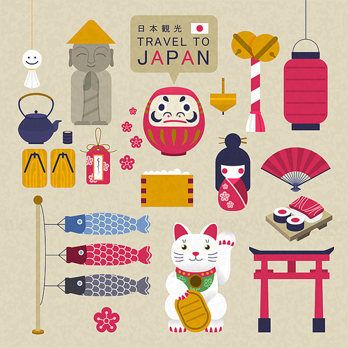 adorable Japan culture collection - Japan travel in Japanese words on above