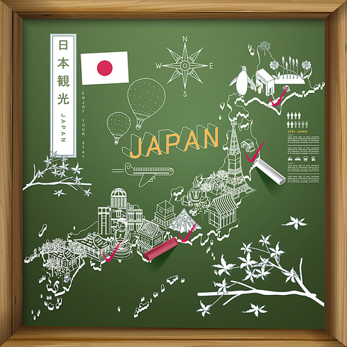 creative Japan travel map on chalkboard - Japan travel in Japanese words on upper left