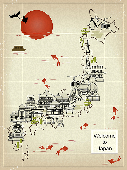 retro Japan travel map - hello in Japanese words on lower right