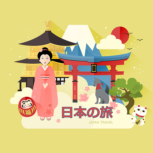 attractive Japan travel poster - Money on lucky cat and blessed on daruma in Japanese words