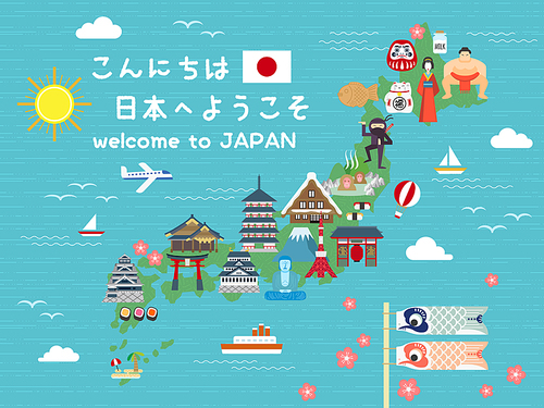 lovely Japan travel map - Hello welcome to Japan on upper left and blessed on lucky cat in Japanese words