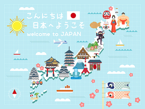 lovely Japan travel map - Hello welcome to Japan on upper left and blessed on lucky cat in Japanese words