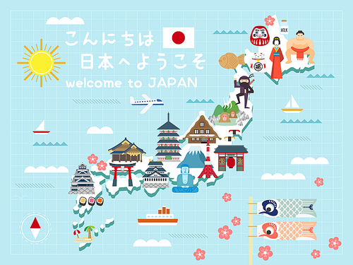 lovely Japan travel map - Hello welcome to Japan on upper left and blessed on lucky cat in Japanese words